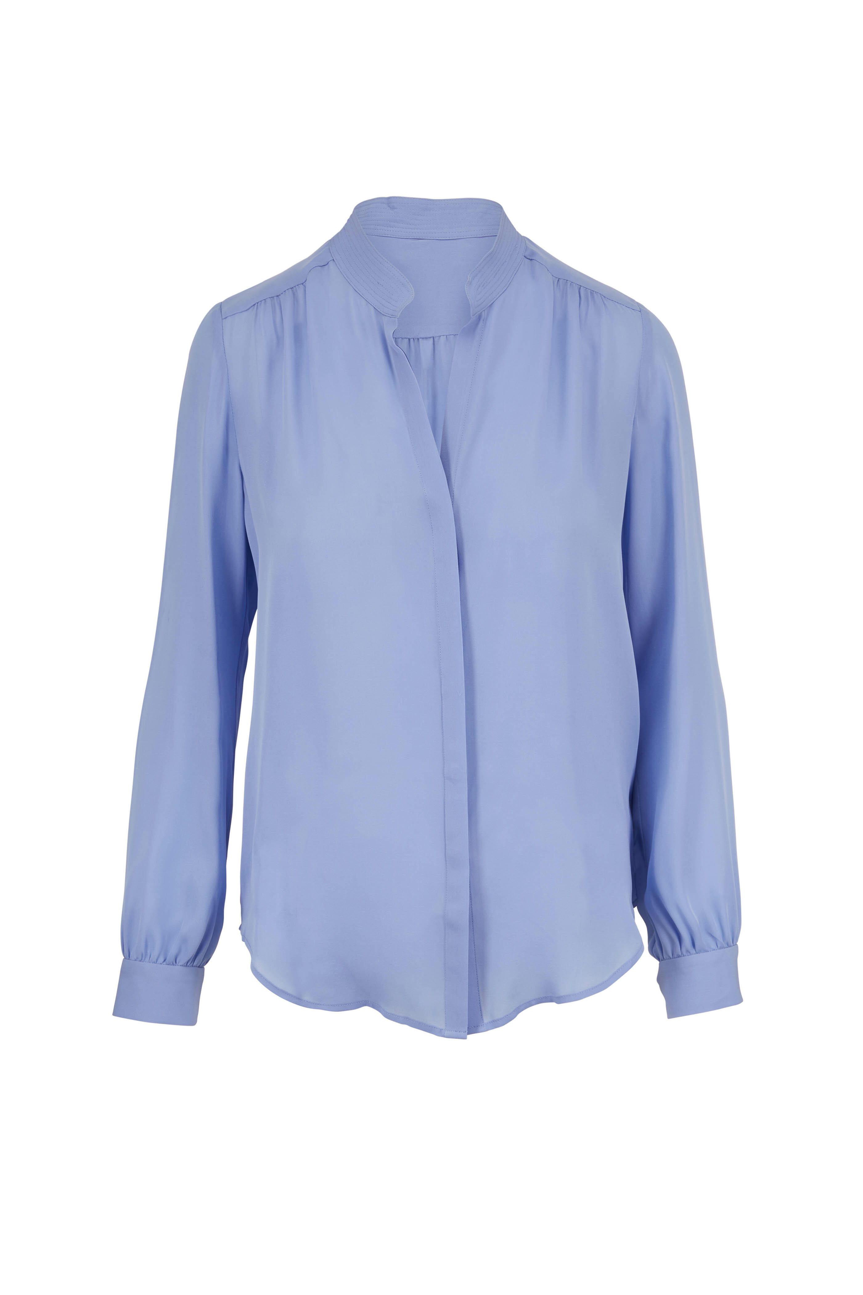 L'Agence - Bianca Blue Silk Banded Collar Blouse
