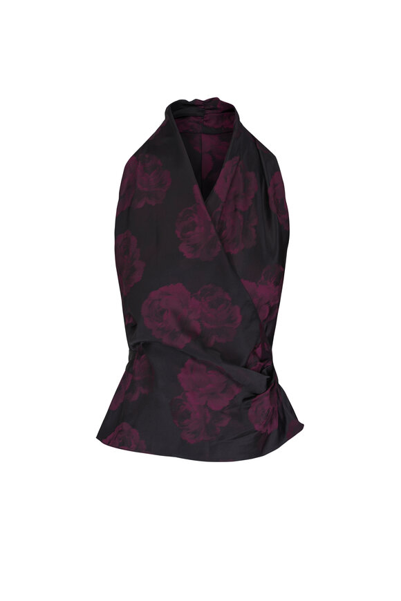 Peter Cohen Black & Burgundy Silk Floral Camo Vest Wrap Top - view 1