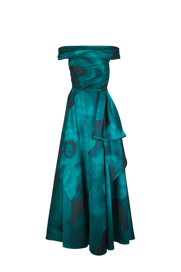 Talbot Runhof Lisianthus Jacquard Jade Draped Gown