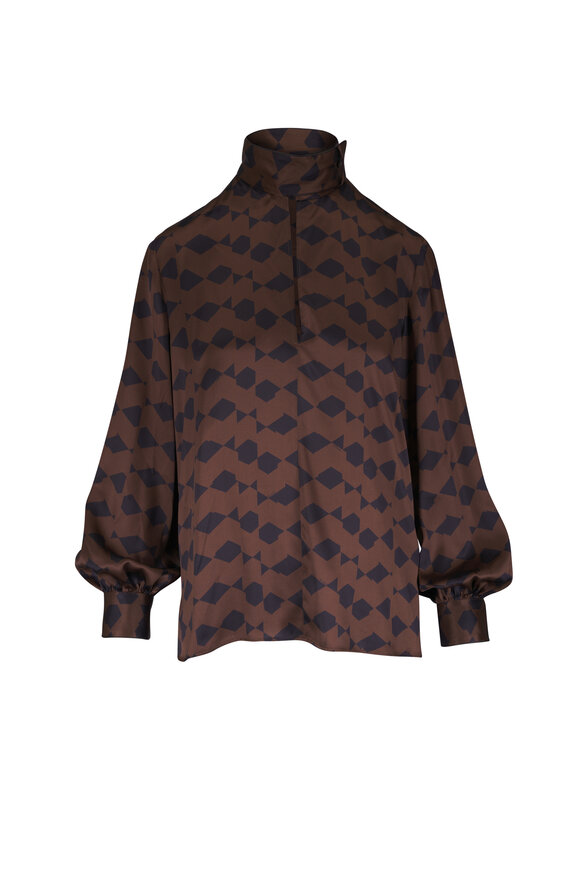 Kiton Black & Brown Print Keyhole Silk Blouse - view 1