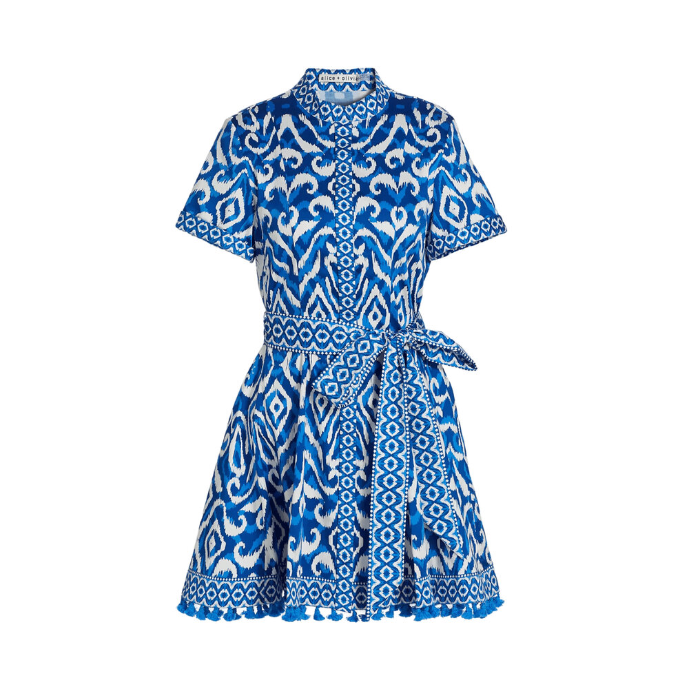 Alice & Olivia - Ikat Blue Lucy Roll Mini Shirtdress