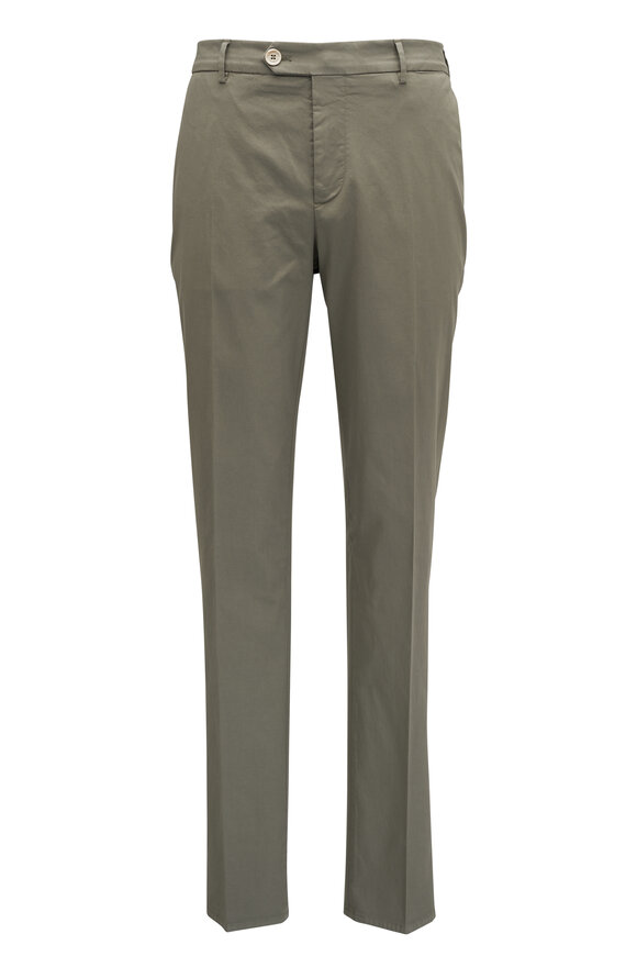 Brunello Cucinelli Sage Cotton Stretch Flat Front Pant