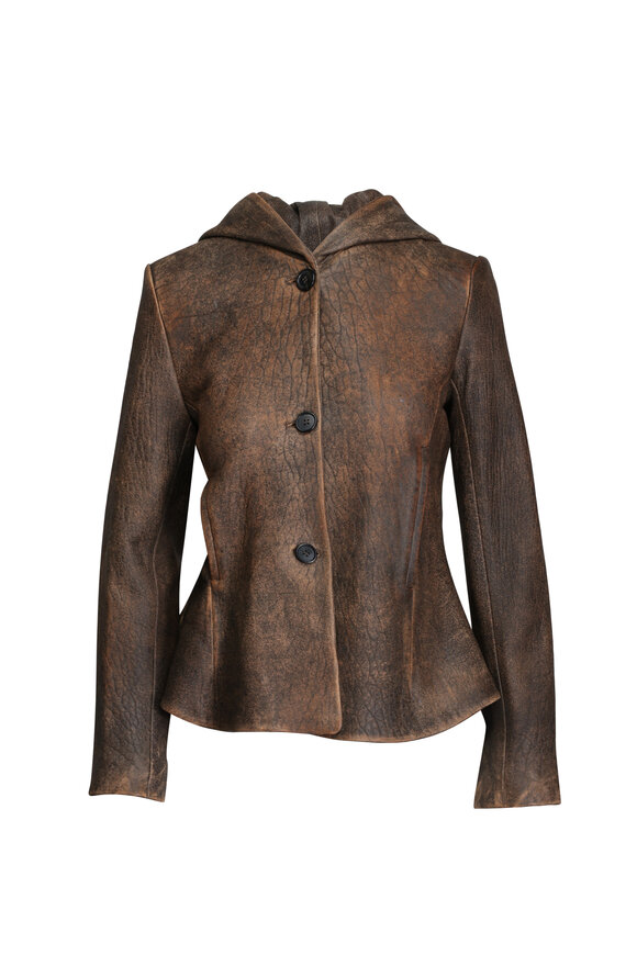 Khaite Dark Brown June Hooded Distressed Leather Jacket - view 1