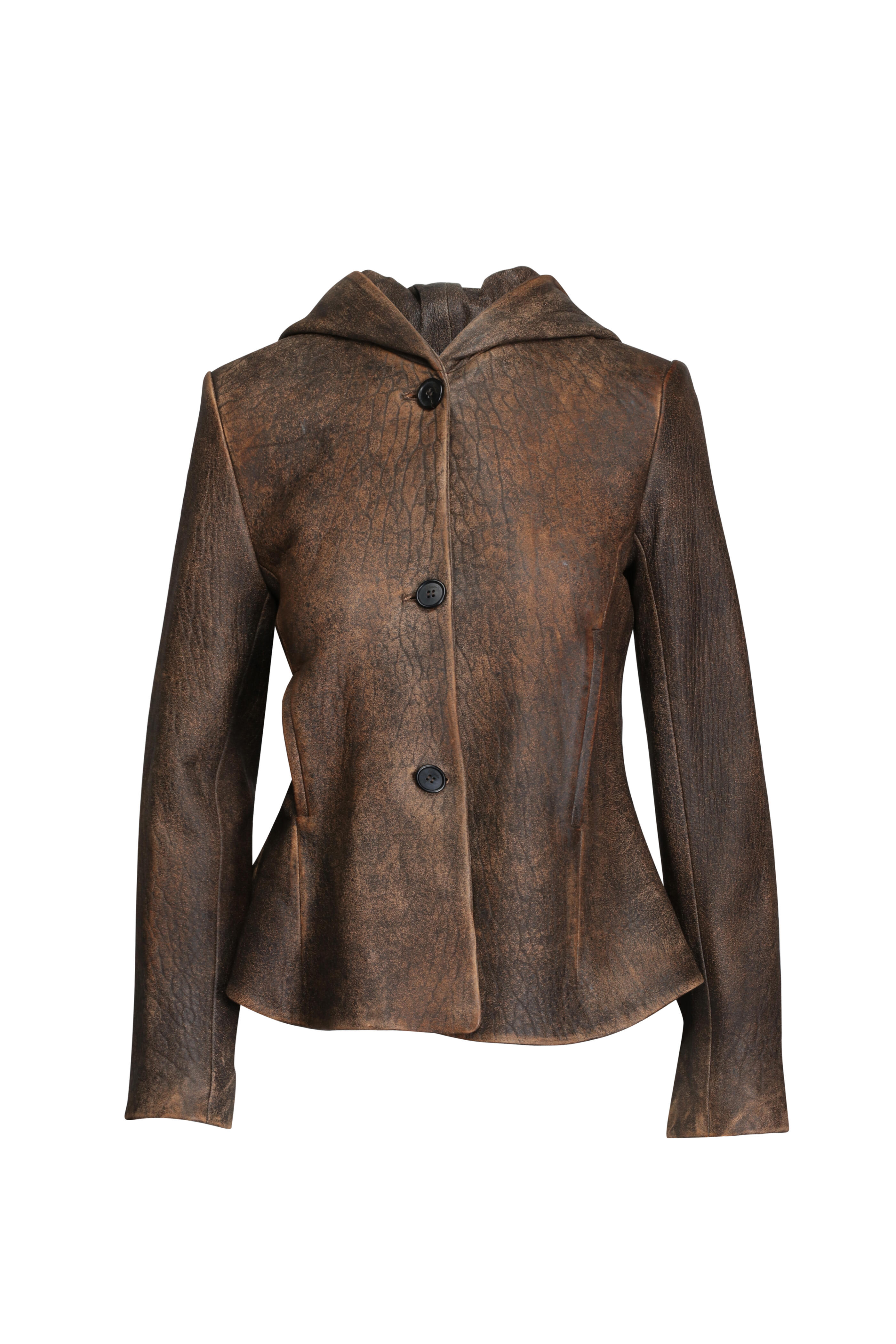 Khaite - Dark Brown June Hooded Distressed Leather Jacket