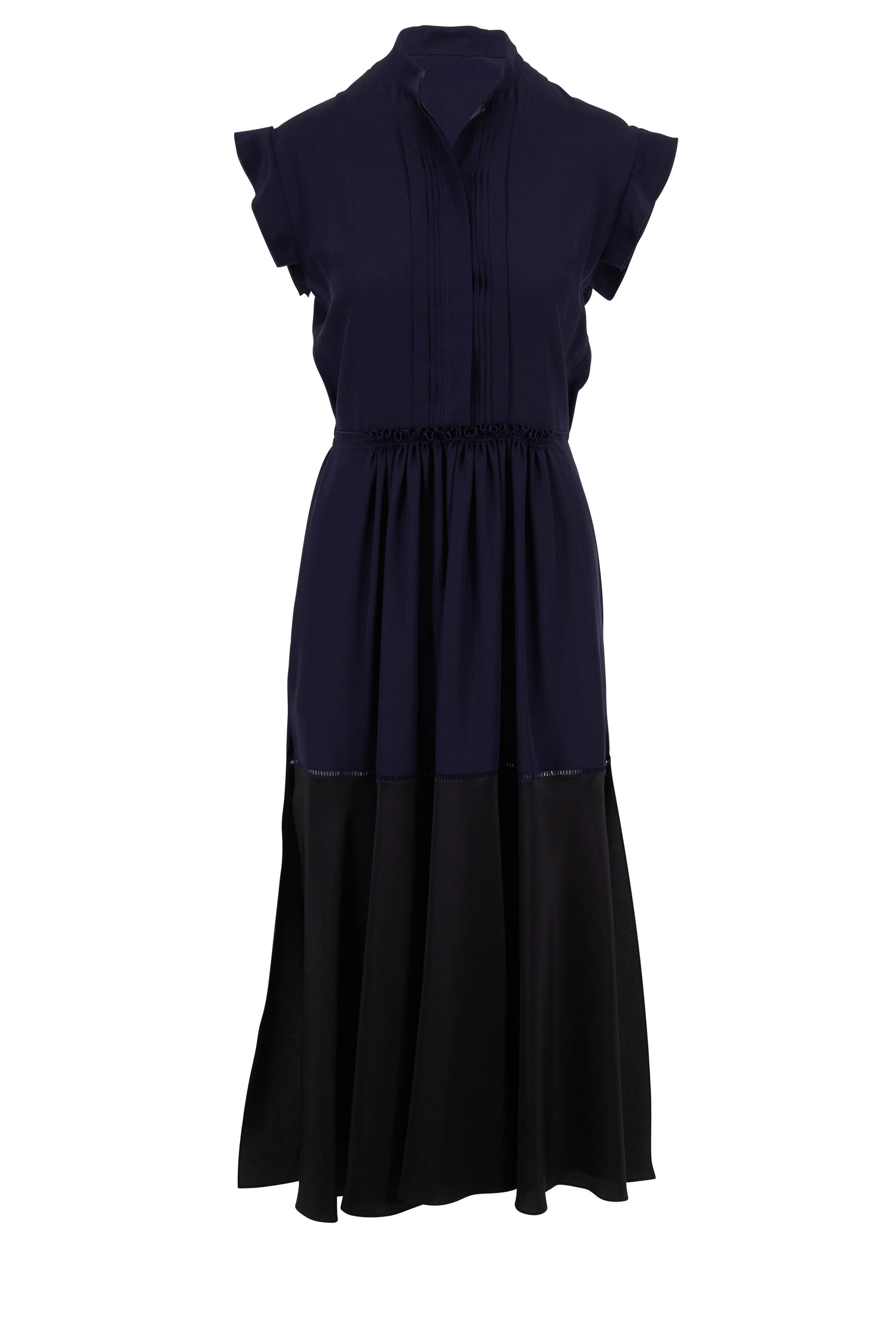 Chloé - Navy & Black Silk Contrast Hem Short Sleeve Dress