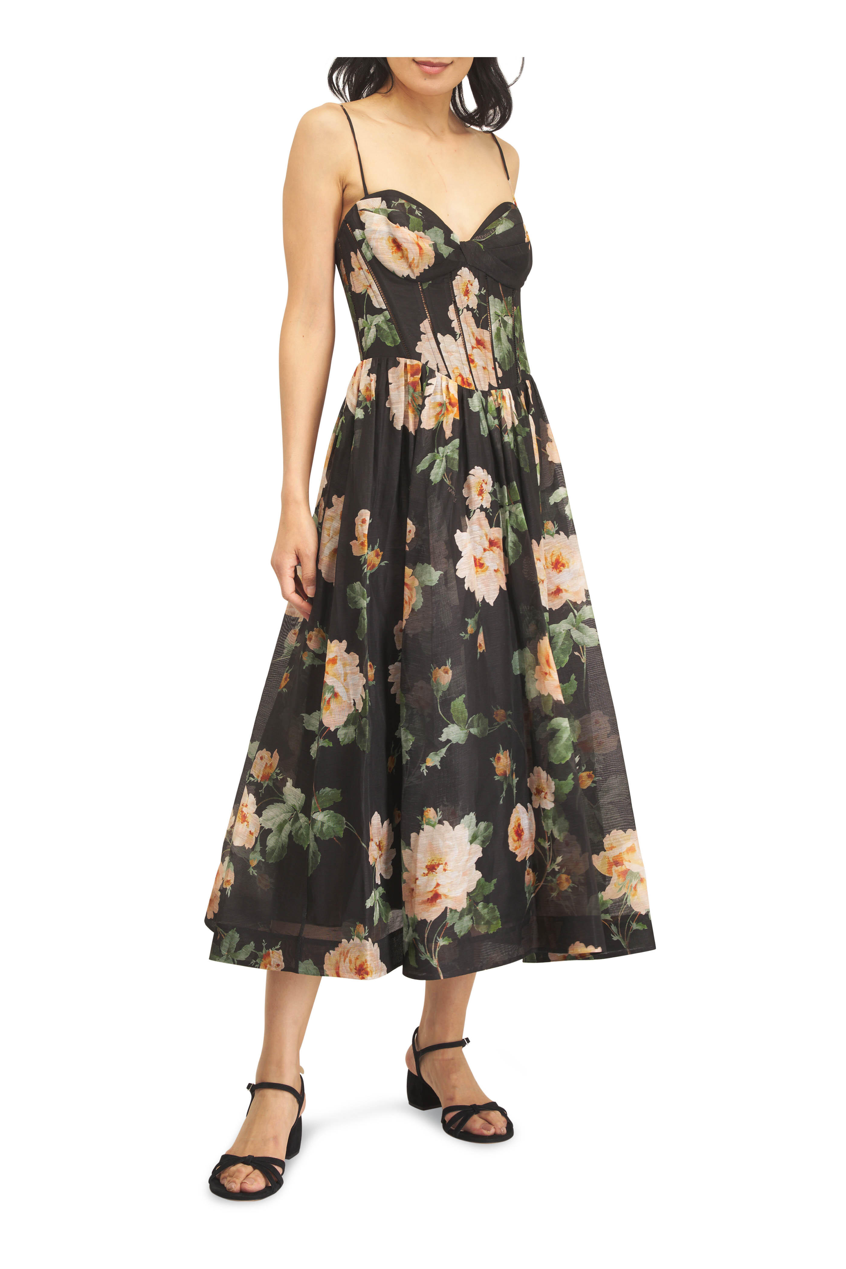 Zimmermann - Luna Black Rose Print Linen & Silk Corset Dress - view 2