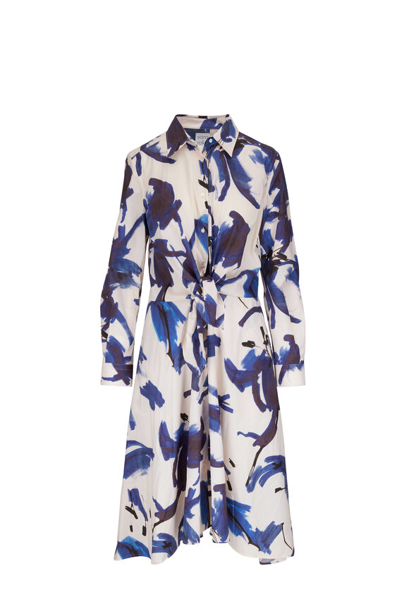 Sara Roka - Navy & White Brushed Flower Tie-Waist Shirtdress