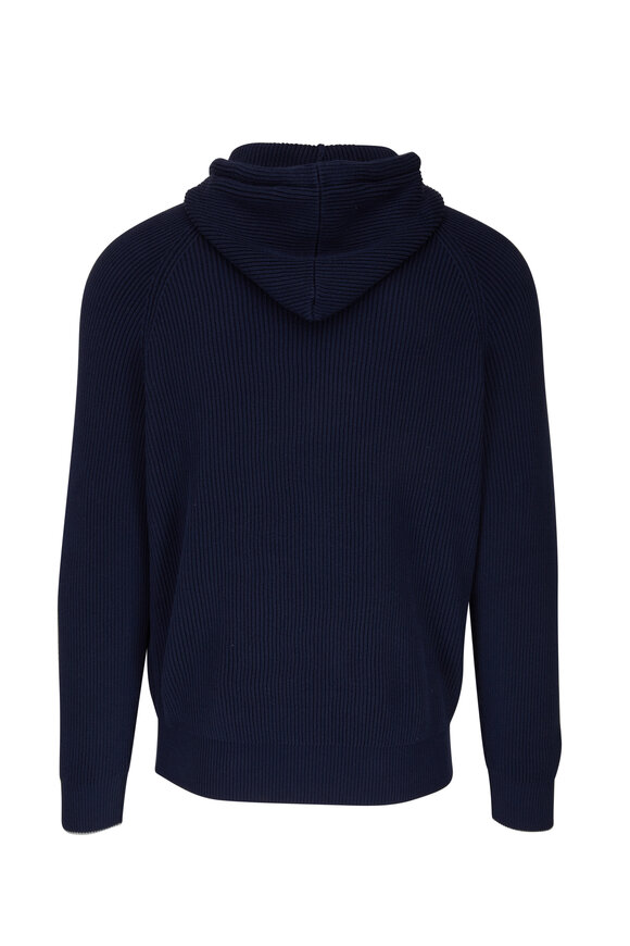 Brunello Cucinelli - Navy Cotton Ribbed Front Zip Hoodie