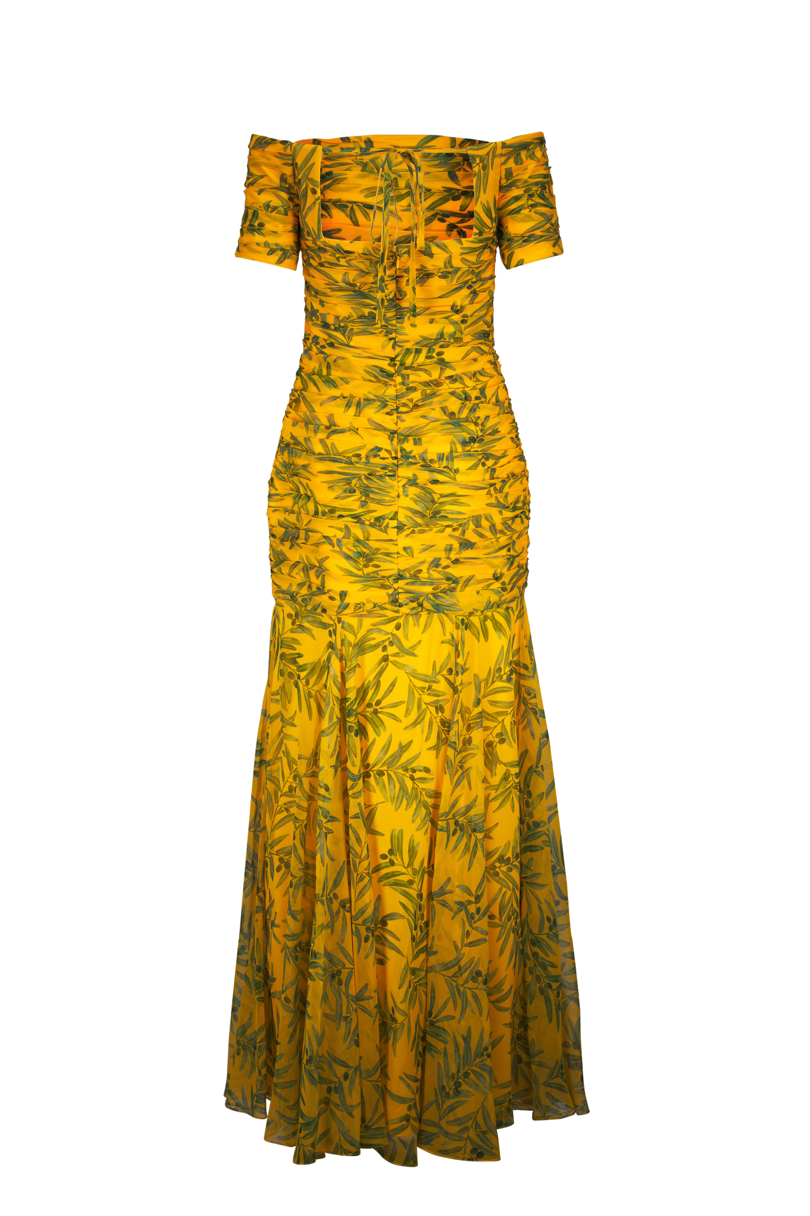 Carolina Herrera - Daffodil Multi Olive Branch Print Gathered Gown