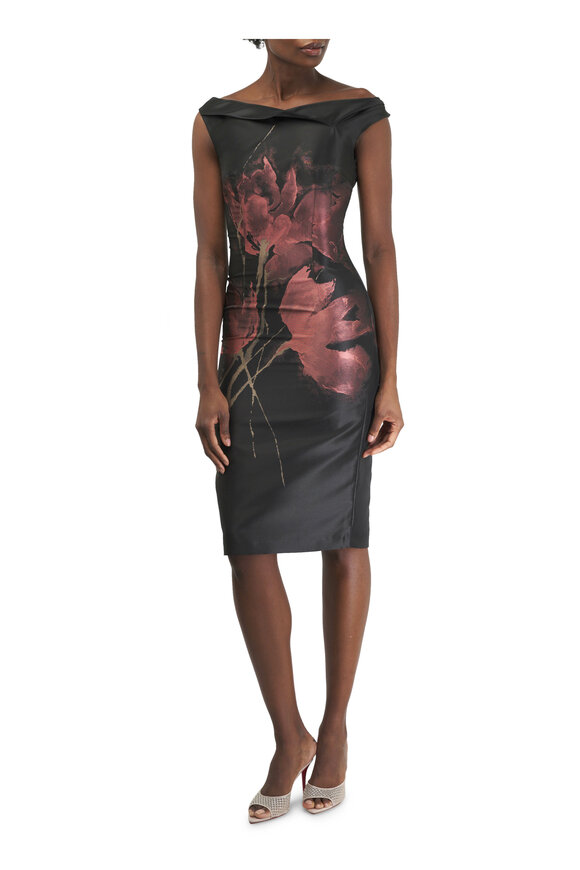 Talbot Runhof - Black Floral Bouquet Jacquard Midi Dress