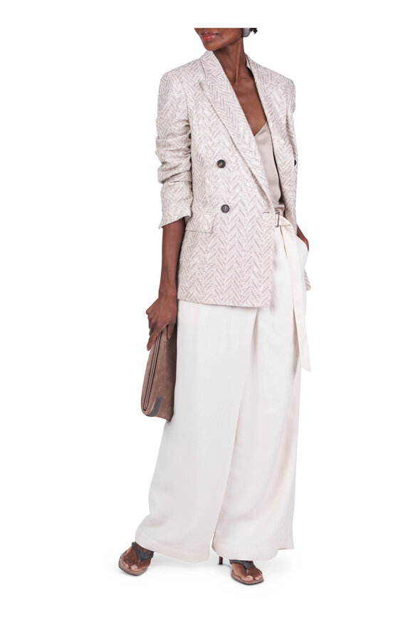 Brunello Cucinelli Jute Chevron Double Breasted Embroidered Jacket - view 5