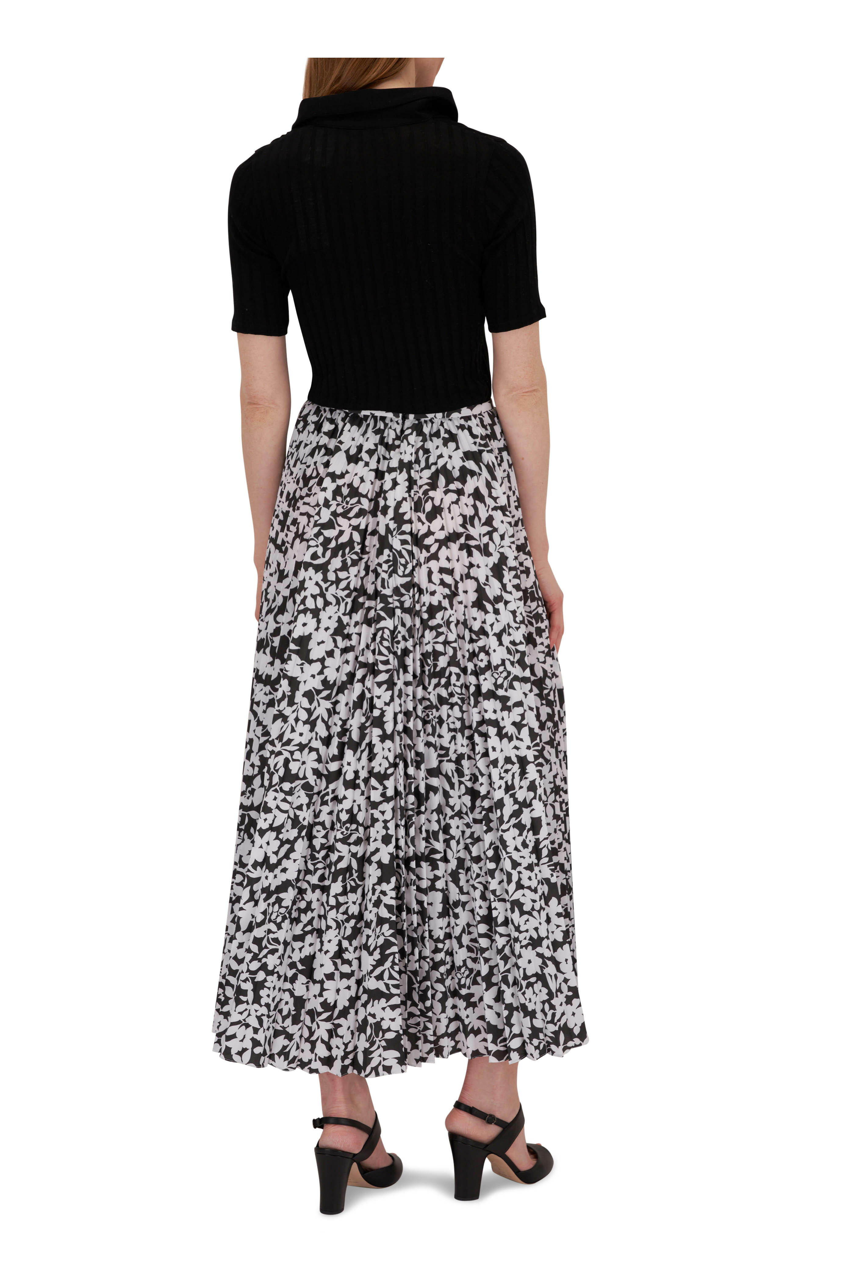 Michael Kors Collection - Black & White Floral Pleated Midi