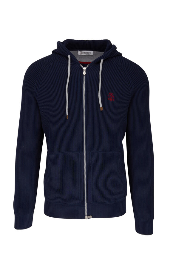 Brunello Cucinelli - Navy Cotton Ribbed Front Zip Hoodie