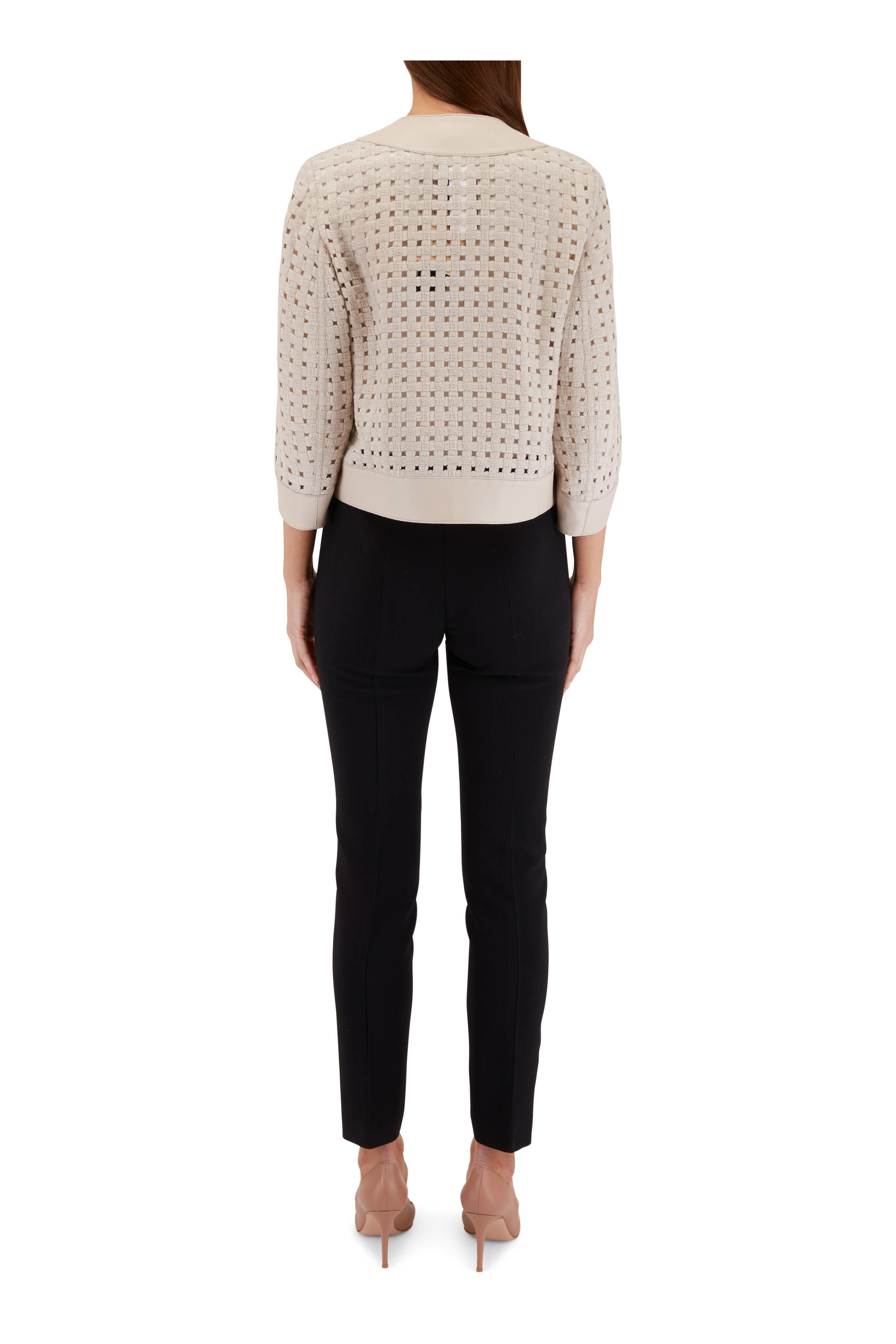 Akris - Cream Open Grid Leather Trim Short Jacket