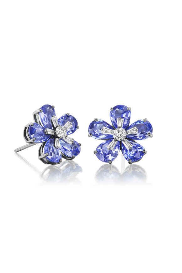 Nam Cho 18k White Gold Sapphire Georgian Flower Studs