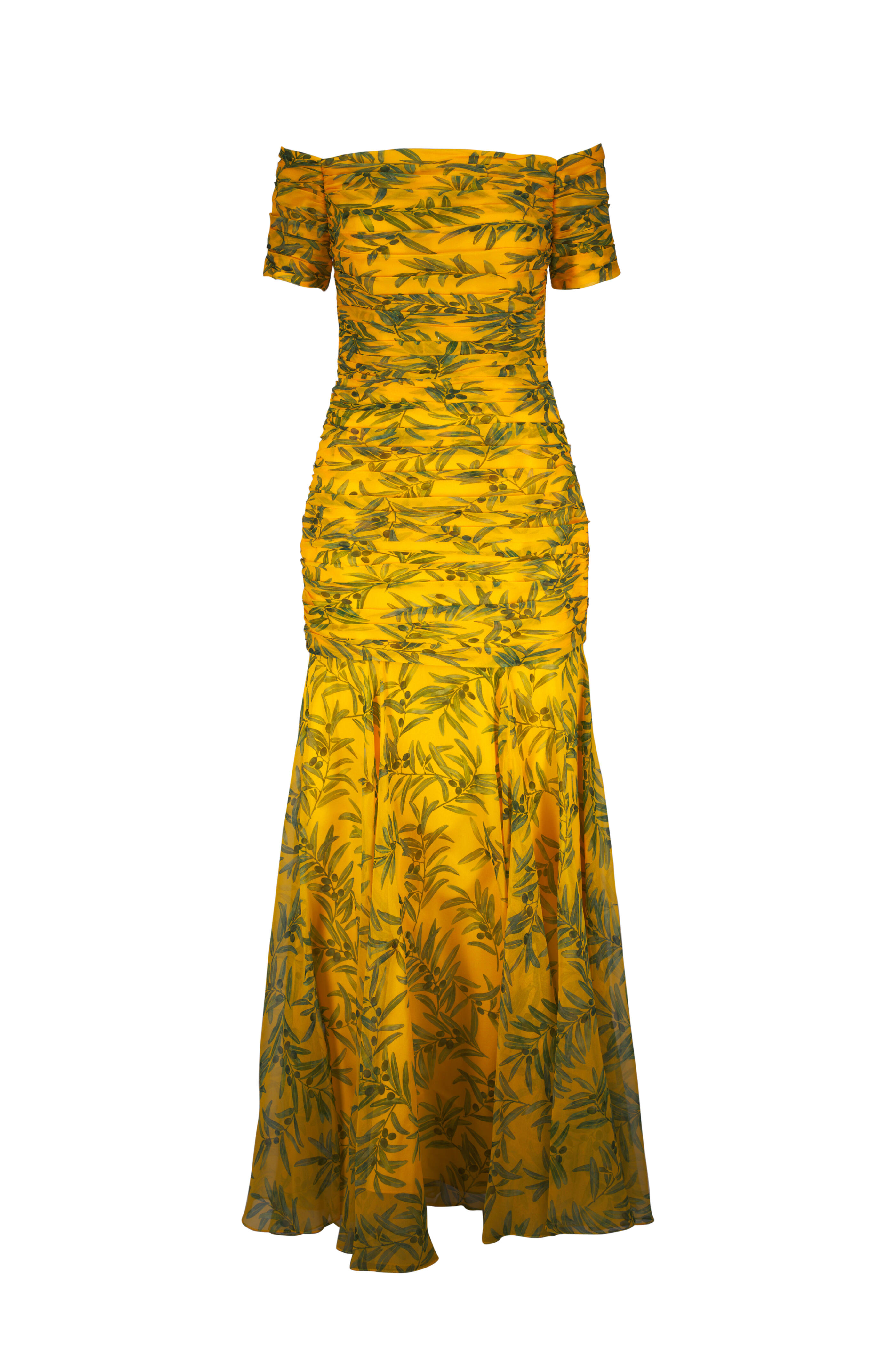 Carolina Herrera - Daffodil Multi Olive Branch Print Gathered Gown