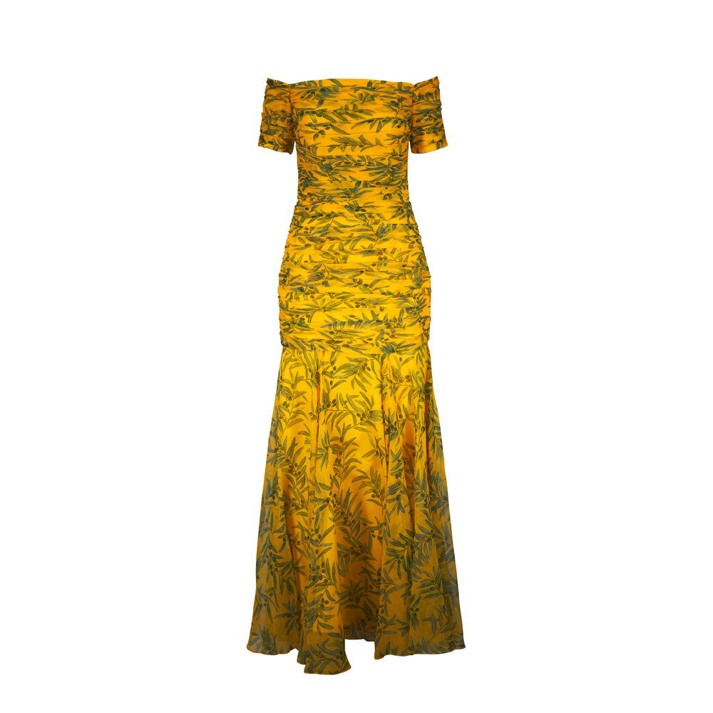 Carolina Herrera - Daffodil Multi Olive Branch Print Gathered Gown