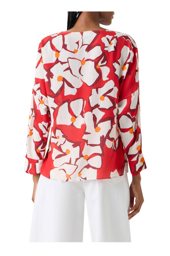 Akris Punto Red & Cream Large Flower Print Silk Blouse - view 3