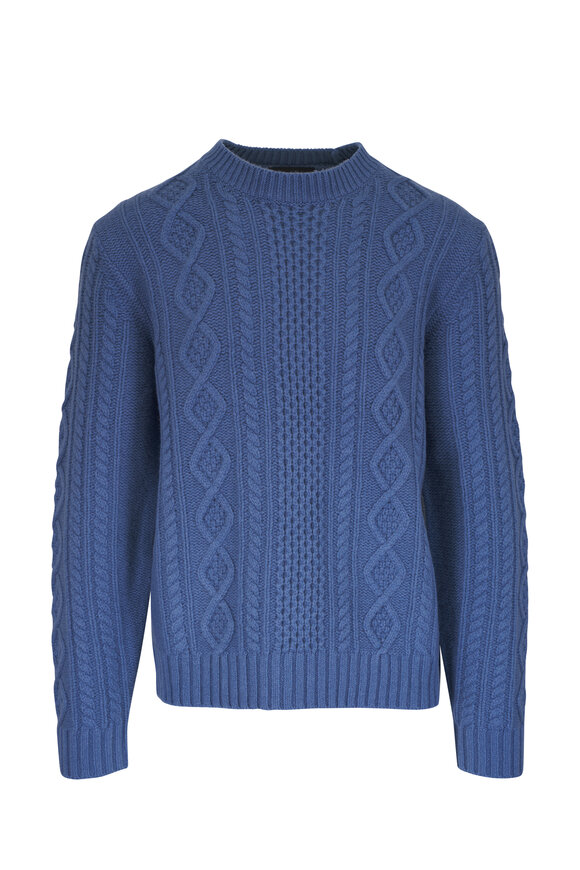 Vince Light Beluga Blue Aran Cable Wool Crewneck Sweater