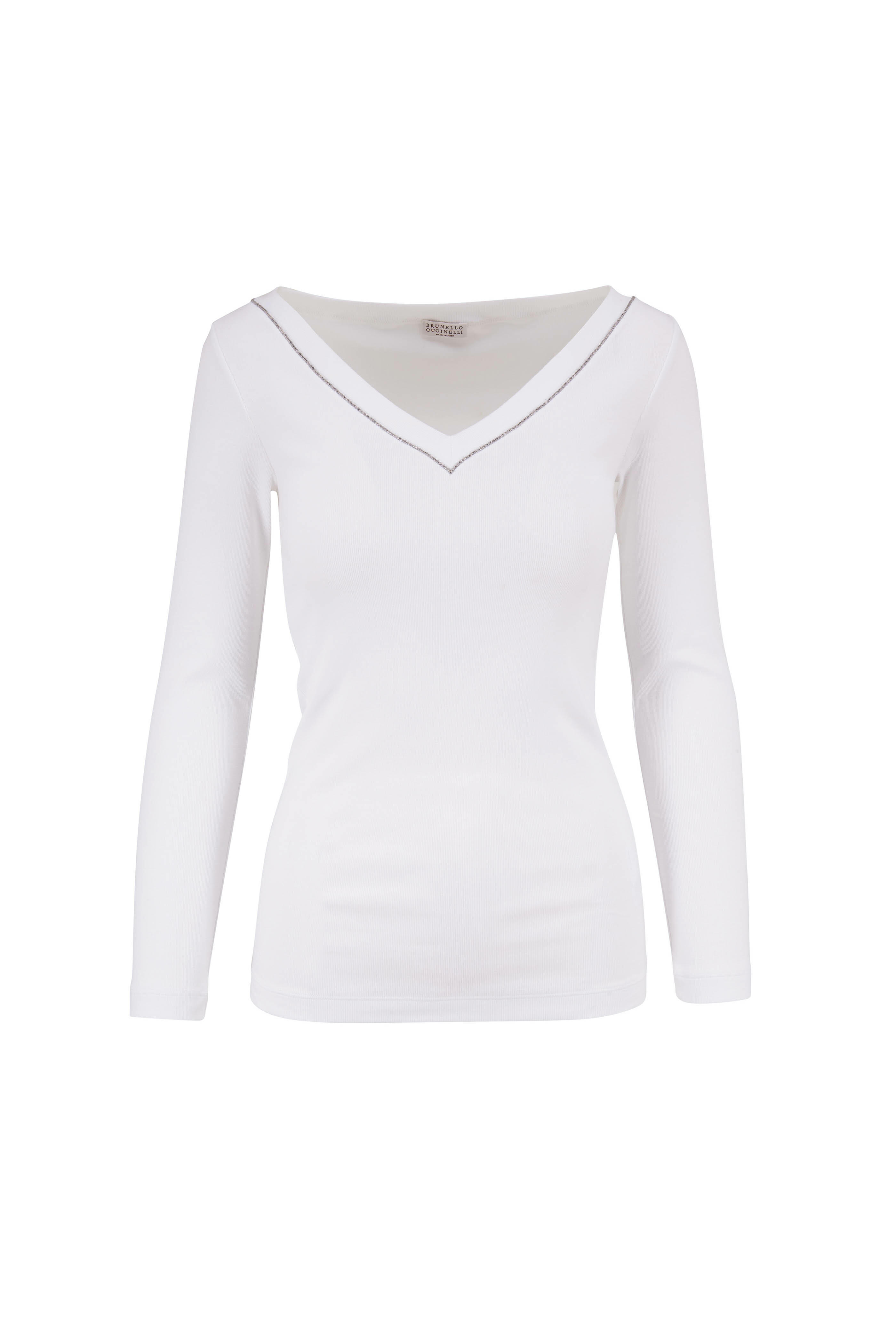Tシャツ・カットソー Brunello Cucinelli Long-Sleeve White Knit Top With Unique Brunello Cucinelli - White Cotton Monili & Ribbed Long
