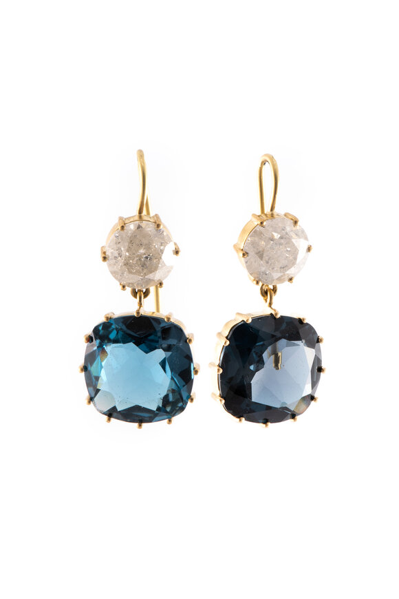 Sylva & Cie Blue Topaz & Diamond Drop Earrings