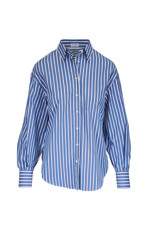 Brunello Cucinelli Blue & White Stripe Cotton Blouse