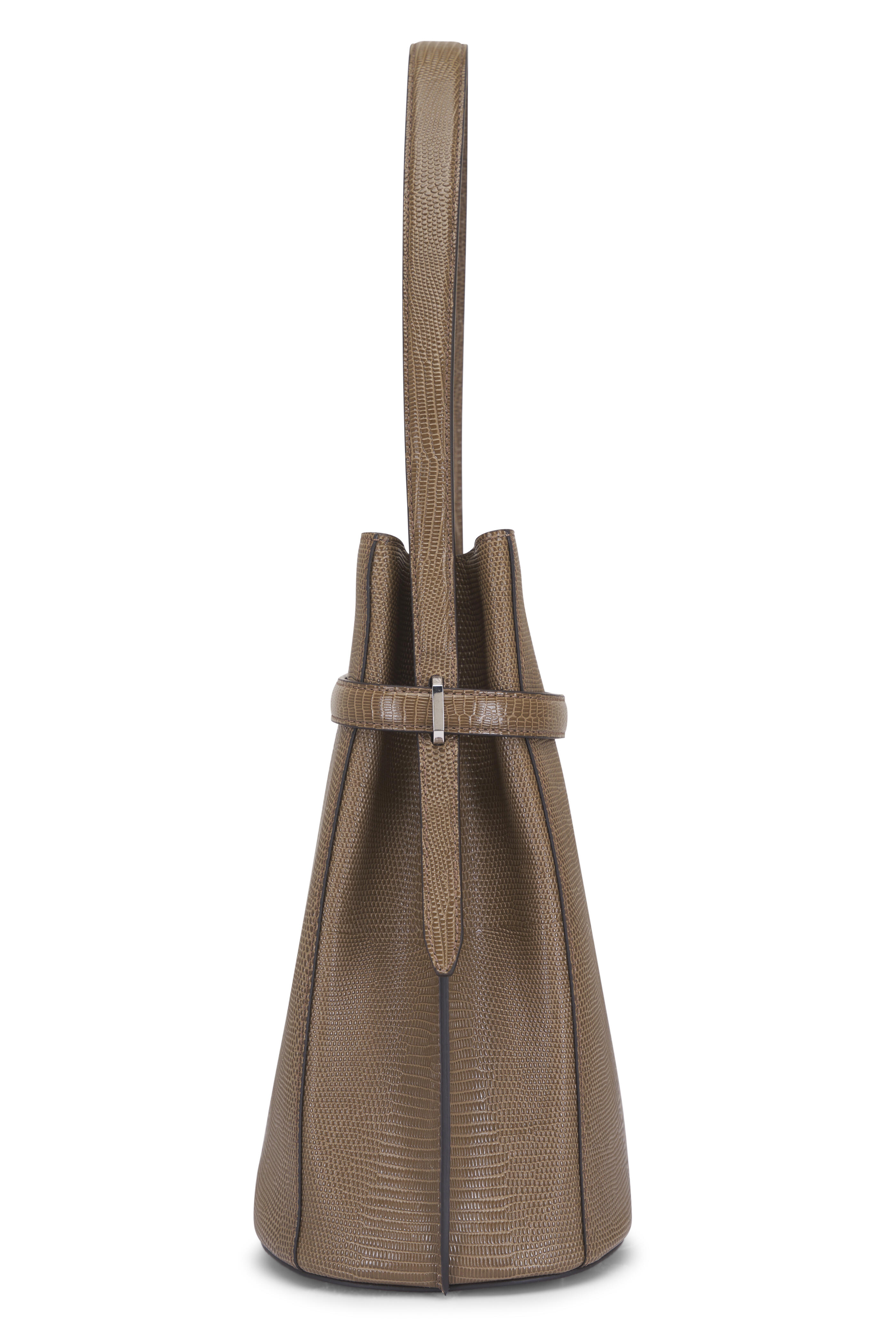 Totême - Dark Olive Belted Embossed Leather Bucket Bag