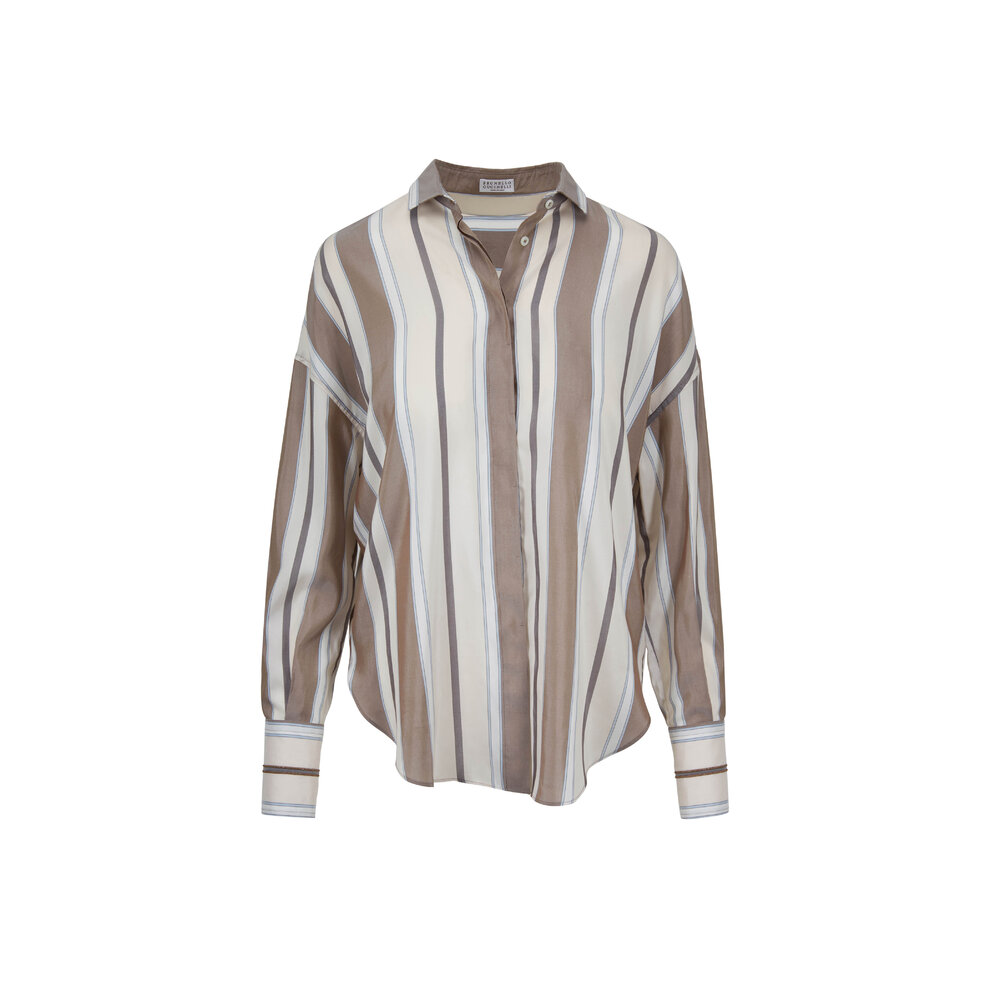 【関税＆送料込み】Brunello Cucinelli 'Shiny Cuff Details' Brunello Cucinelli - Mushroom Silk Striped Monili Cuff Blouse