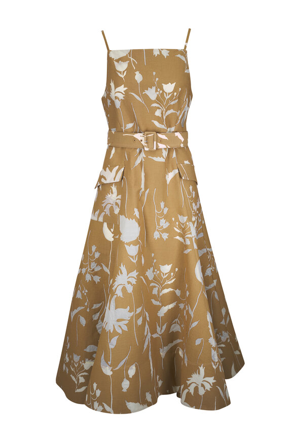 Lela Rose Tan & White Floral Print Jacquard Dress
