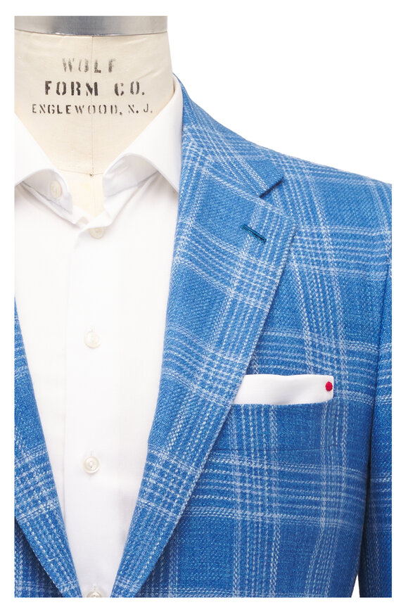 Kiton Ocean Blue Silk, Cotton & Cashmere Plaid Sportcoat