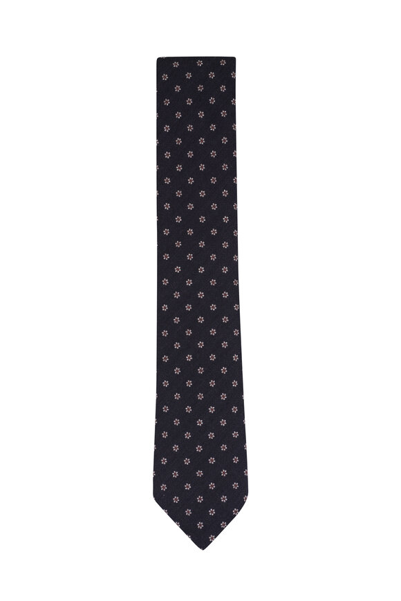 Zegna Black Floral Print Wool & Silk Necktie - view 1