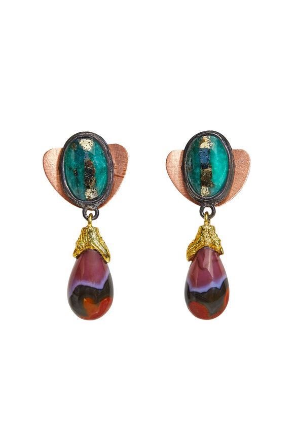 K. Brunini Jewels 18k Yellow Gold Brutalism Emerald & Agate Earring