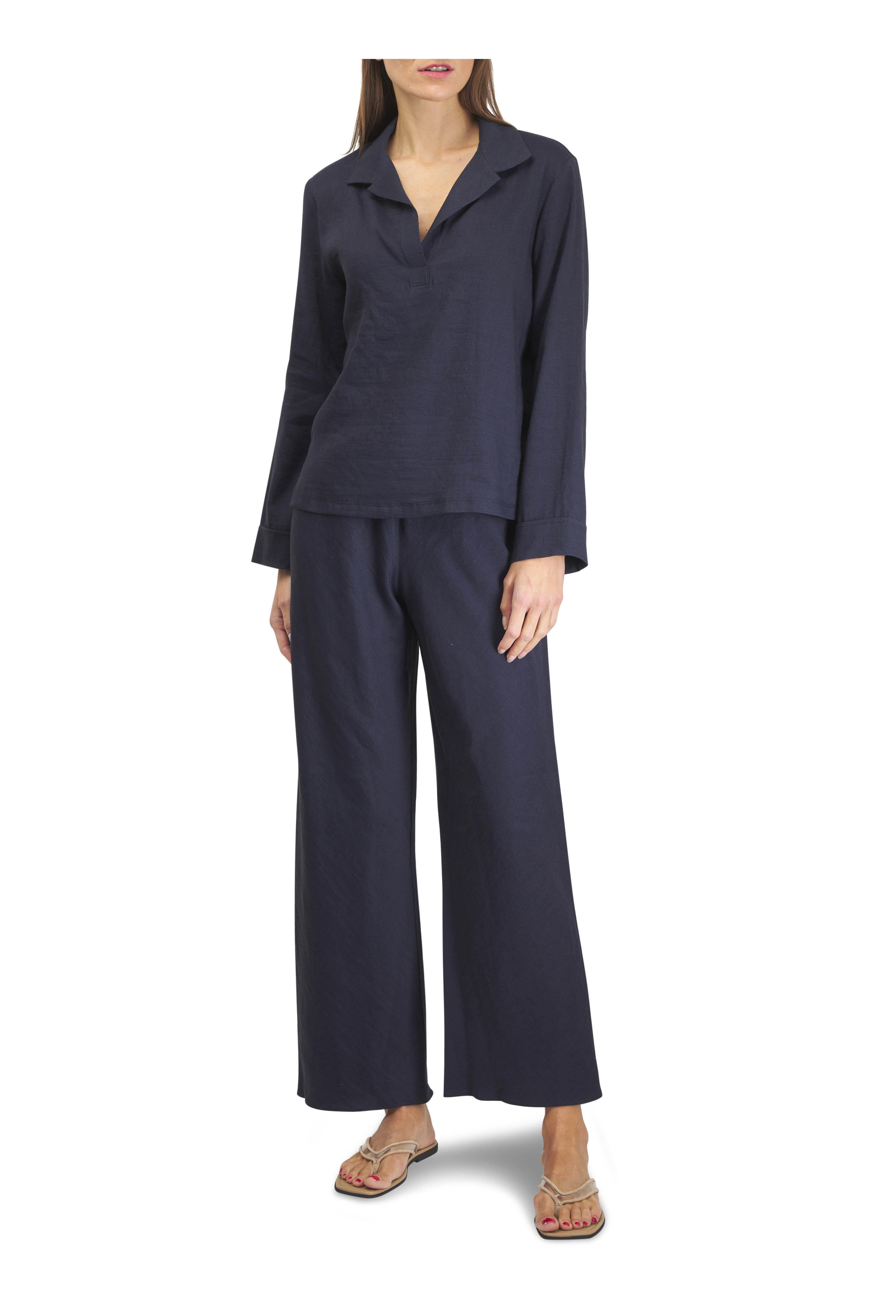 Peter Cohen - Cate Navy Stretch Linen Viscose V-Neck Blouse