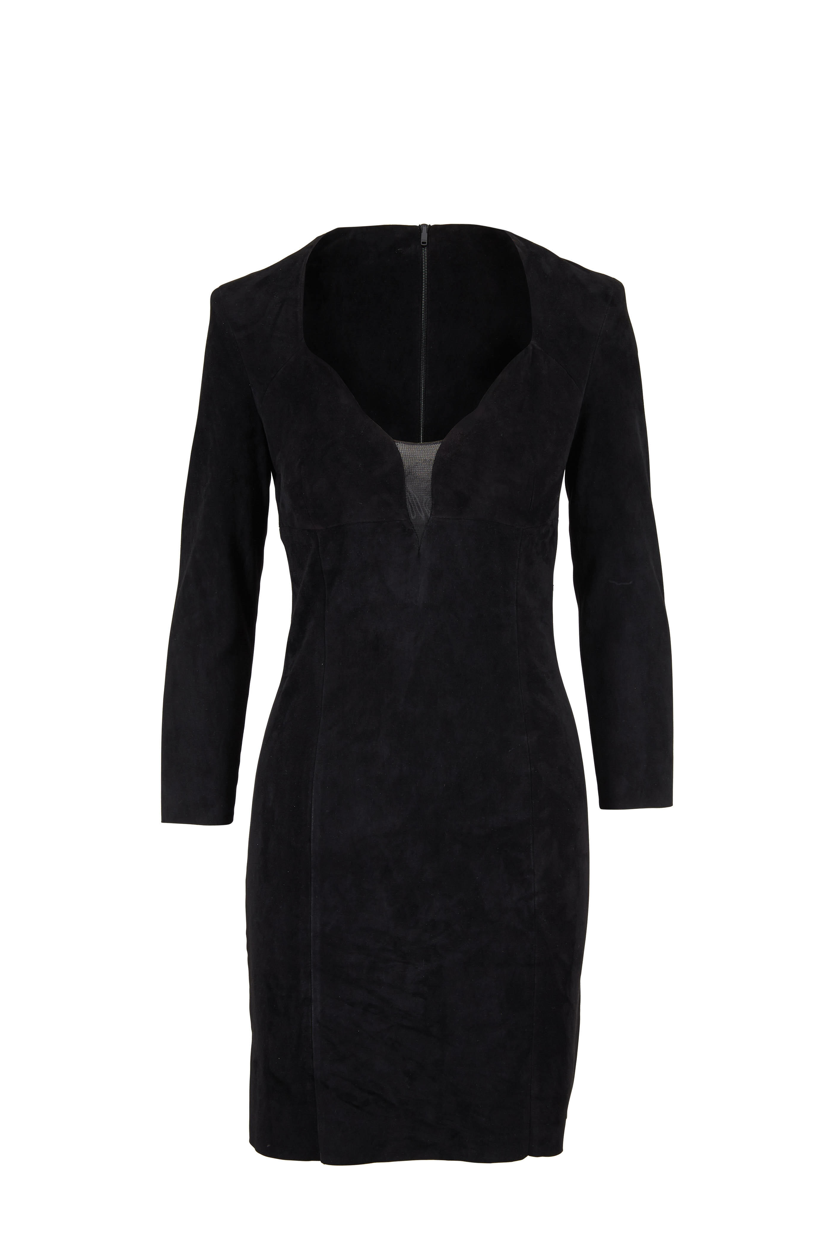 Jitrois - Black Suede Illusion Neckline Long Sleeve Dress