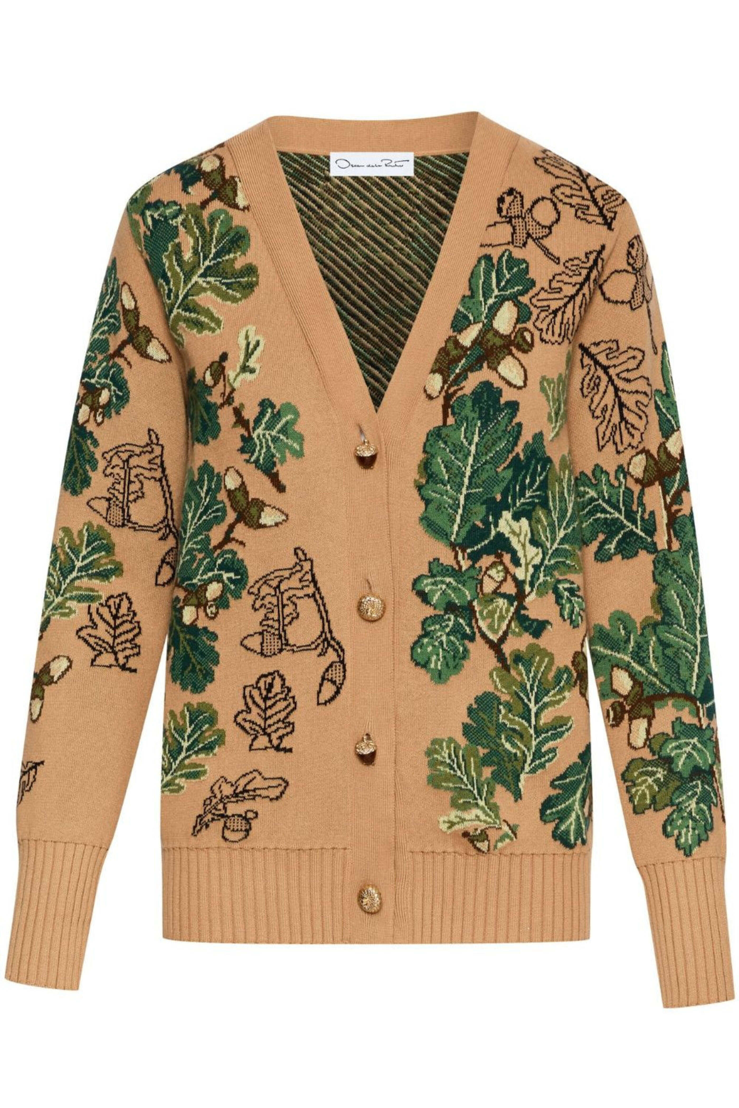 Oscar de la Renta - Green and Camel Acorn Jacquard Long Cardigan