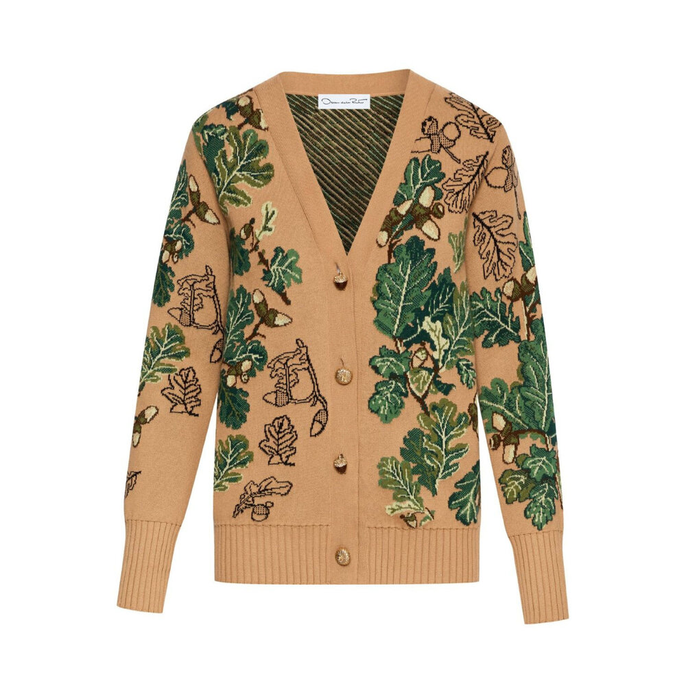 Oscar de la Renta Green and Camel Acorn Jacquard Long Cardigan