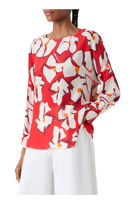 Akris Punto Red & Cream Large Flower Print Silk Blouse - view 4