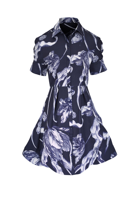 Erdem Blue Botanical Engraving Mini Shirt Dress