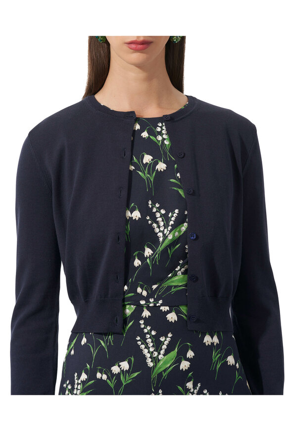 Carolina Herrera Navy Silk & Cotton Crewneck Cardigan - view 2