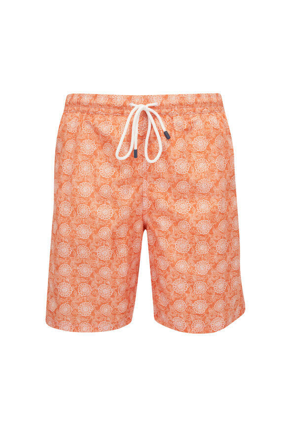 Fedeli - Orange Floral Print Swim Trunks