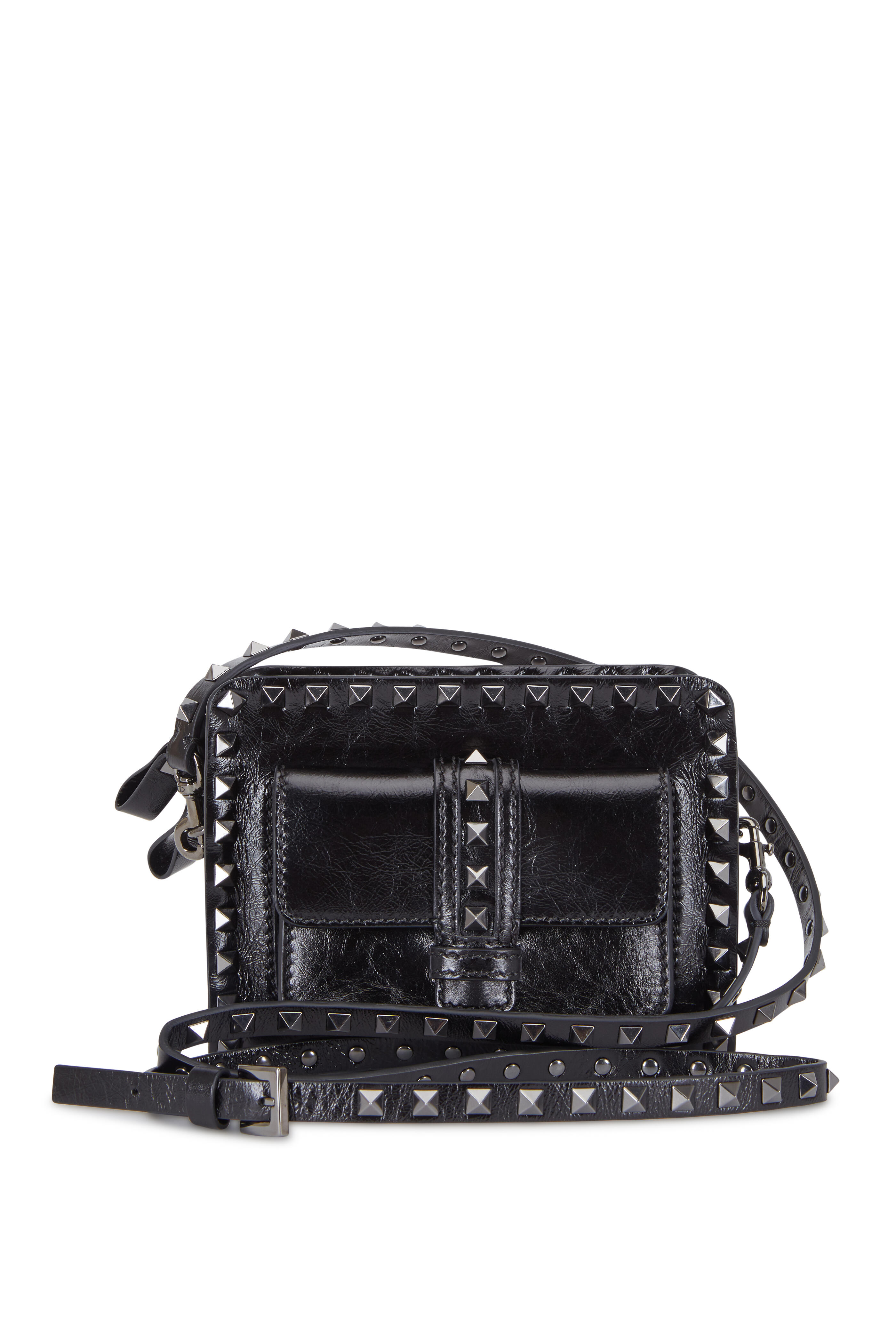 VALENTINO Garavani Rockstud Spike Chain Leather Crossbody Bag Black 
