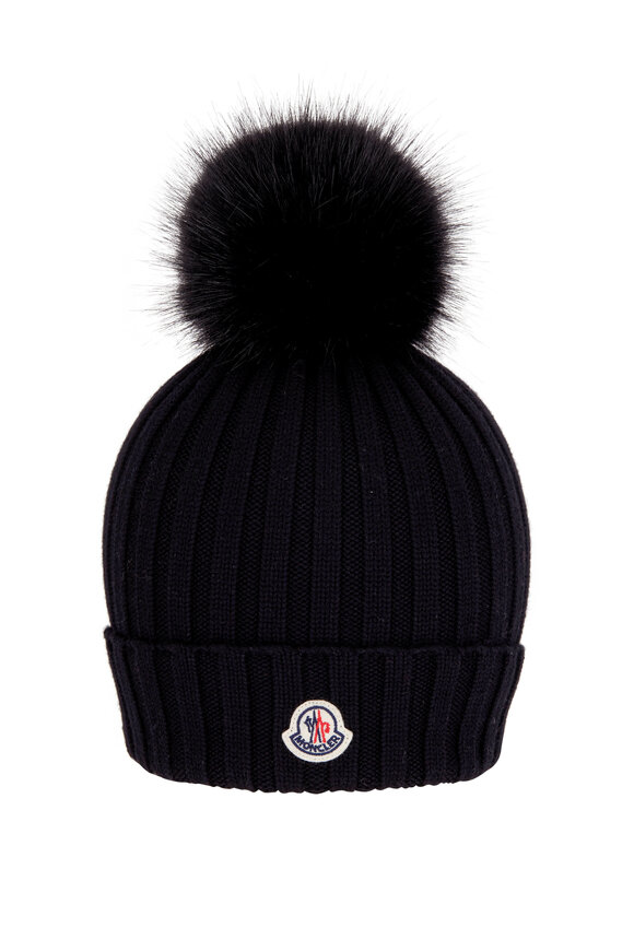 Moncler - Black Knit Faux Fur Pom Pom Hat 