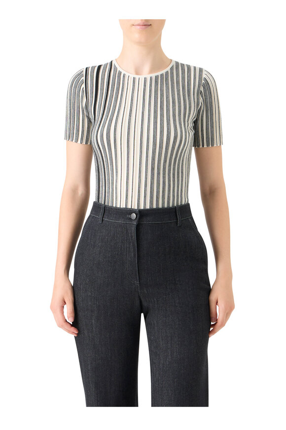 Akris Punto Black & Cream Stripe Wool Knit Top - view 2