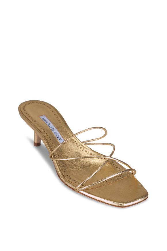 Manolo Blahnik Ninfemu Gold Skinny Strap Sandal, 50mm