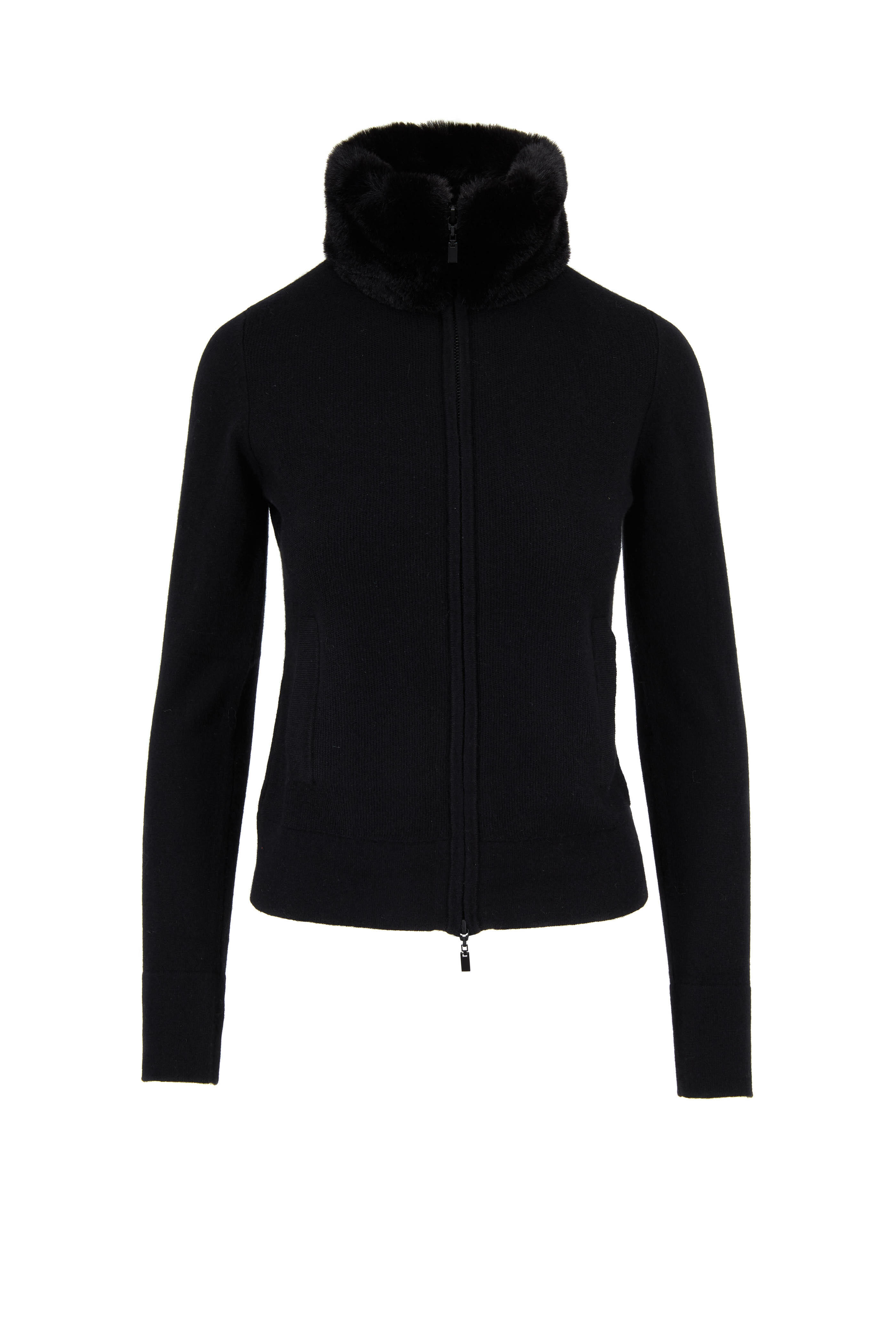 Kinross - Black Cashmere Faux Fur Collar Zip Cardigan