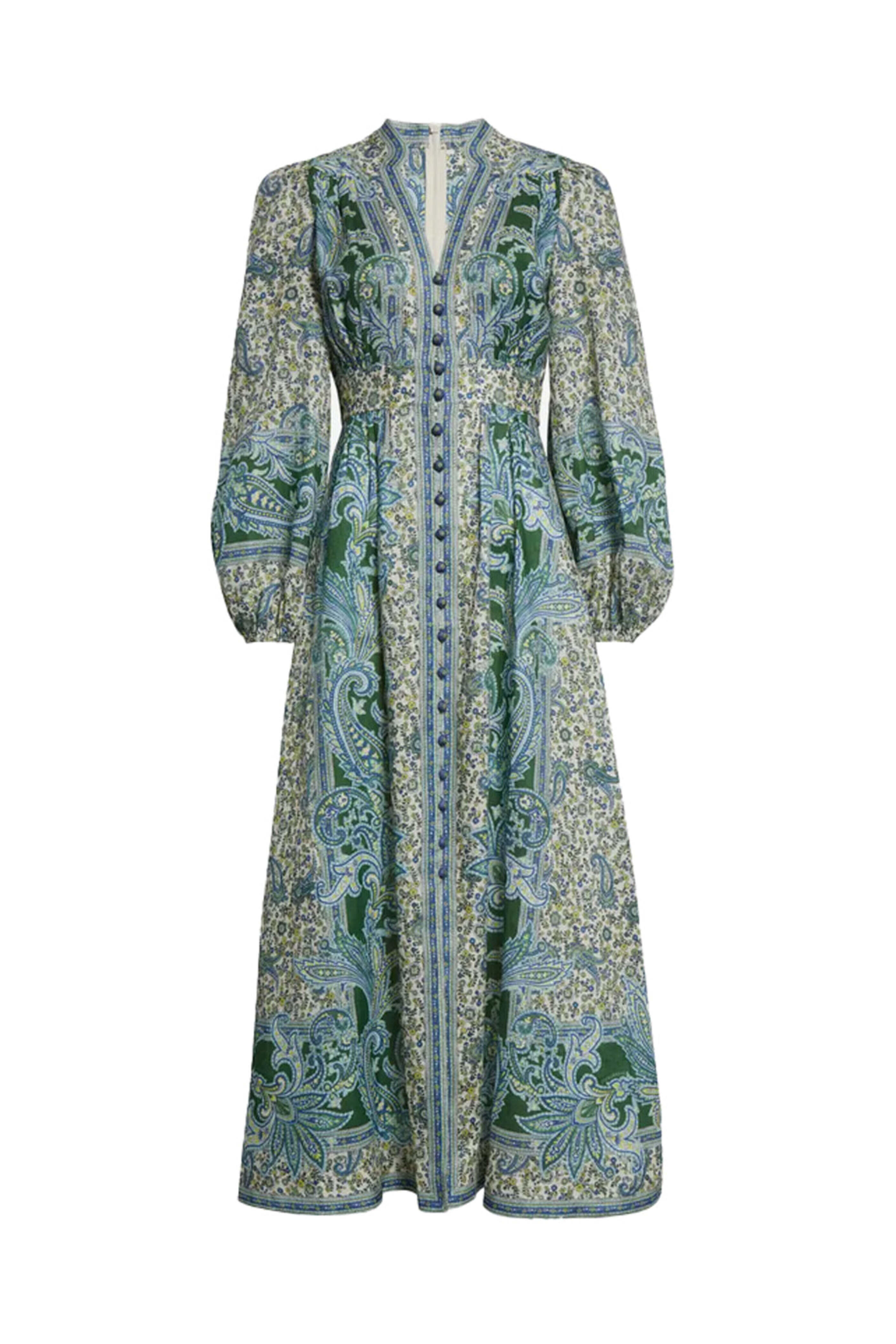 Zimmermann - Green Paisley Ottie Plunge Midi Dress