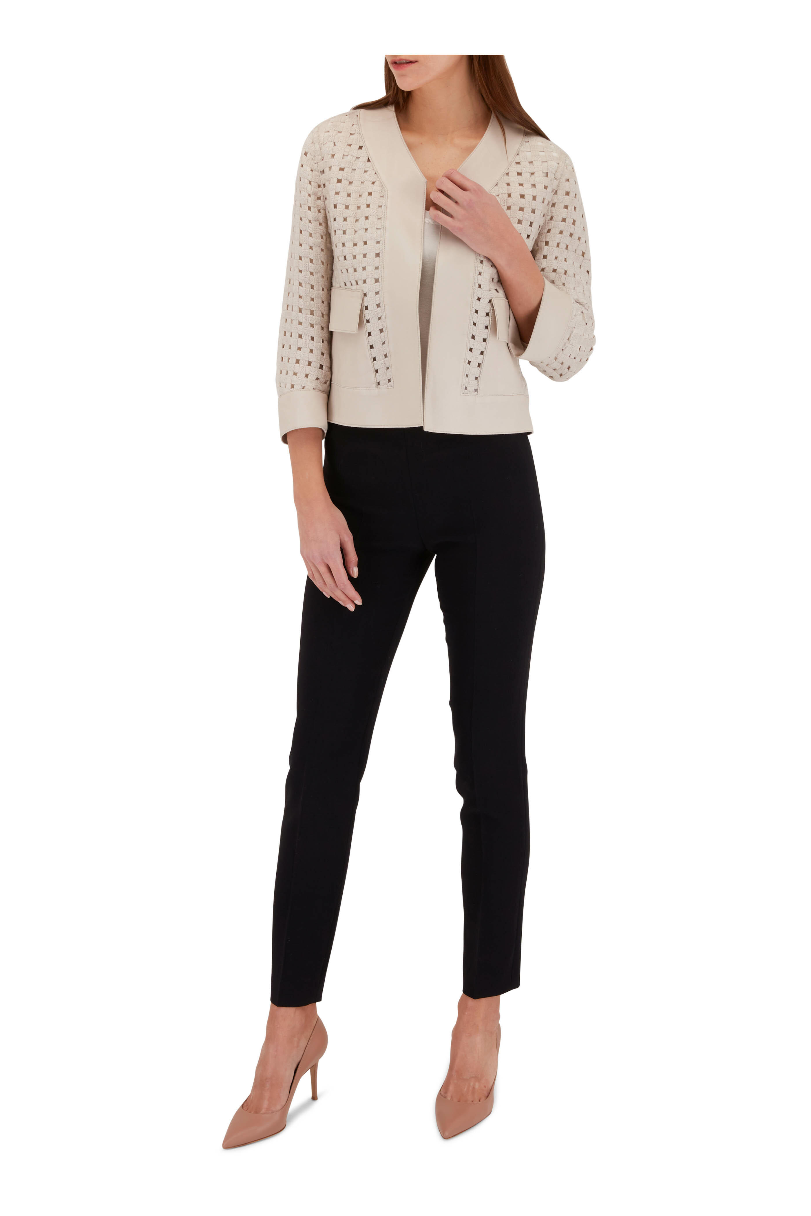 Akris - Cream Open Grid Leather Trim Short Jacket