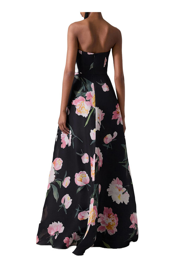 Carolina Herrera - Black Peony Floral Print Strapless A-line Gown