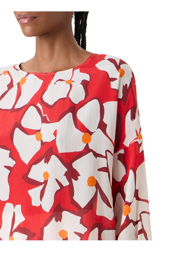 Akris Punto Red & Cream Large Flower Print Silk Blouse - view 5