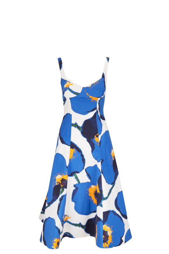 Carolina Herrera - Lupine Blue Multi Floral Bustier Midi Dress